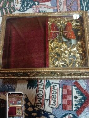 Ornate Gold Butterfly Glass Jewelry Box - Red Velvet Interior